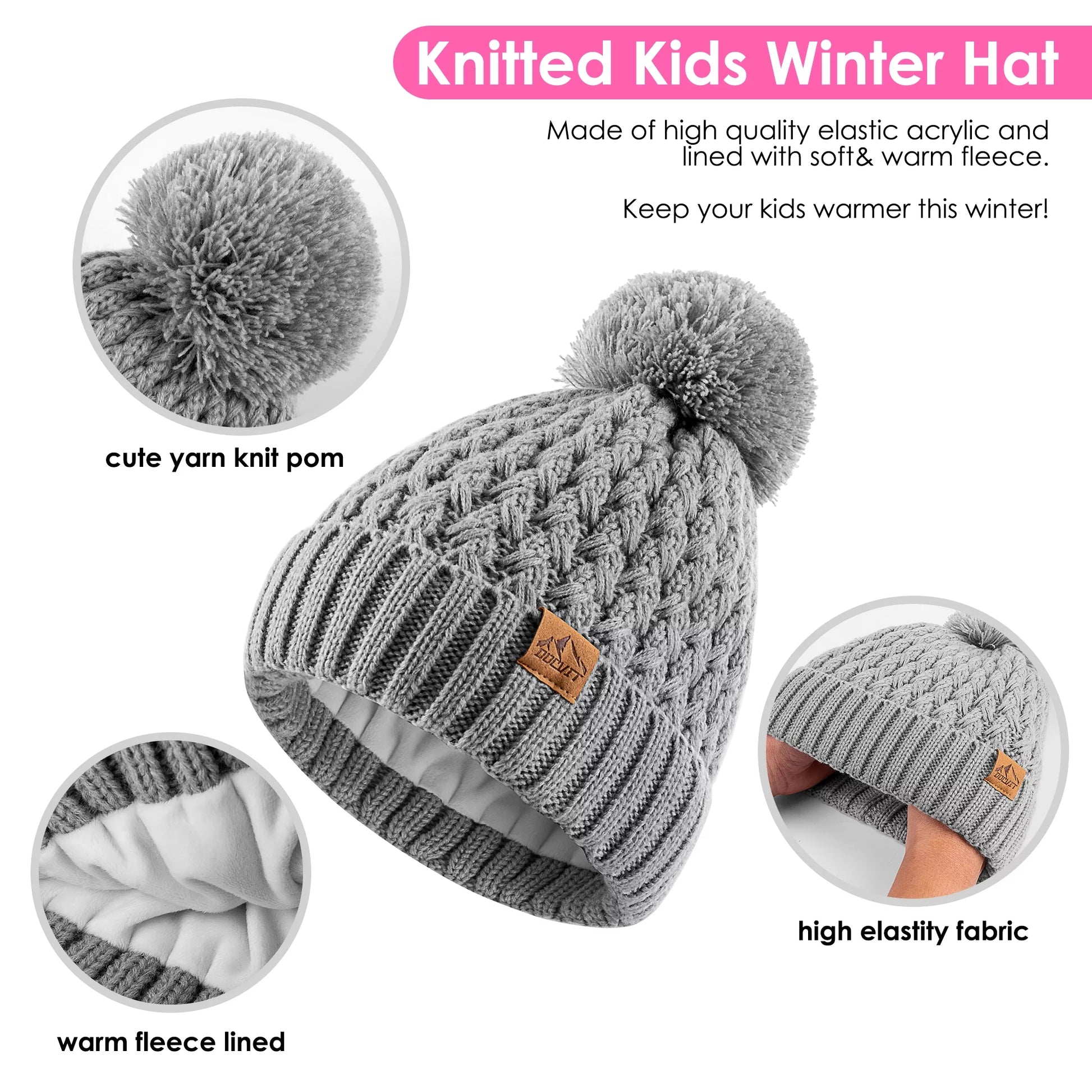 Kids Winter Warm Hats, Child Pom Pom Beanie Knit Cap for Girls Boys 3-9 Years Old-2 Pack